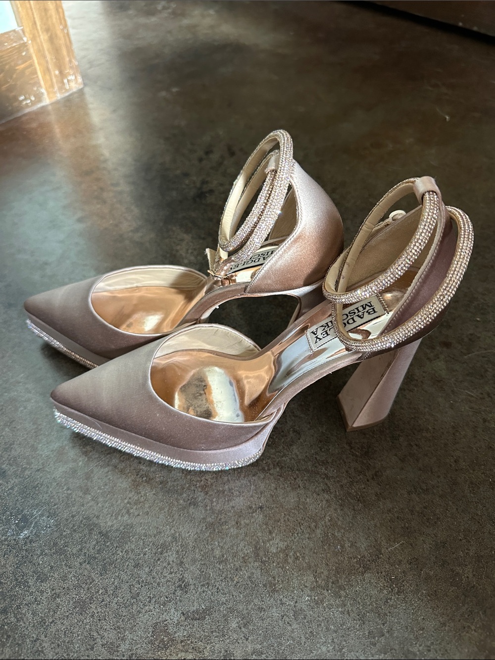 Badgley Mischka Rose Blush Satin Crystal-Trim Block Heels